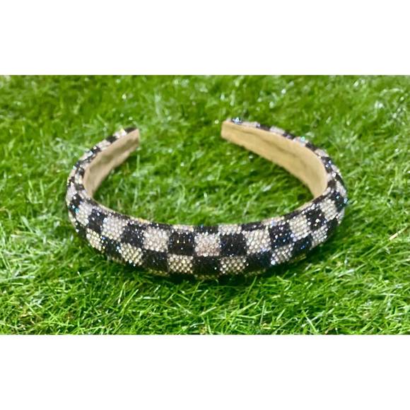 NEW ELLISON+YOUNG checkered rhinestone glam headband in black / white - Picture 1 of 3